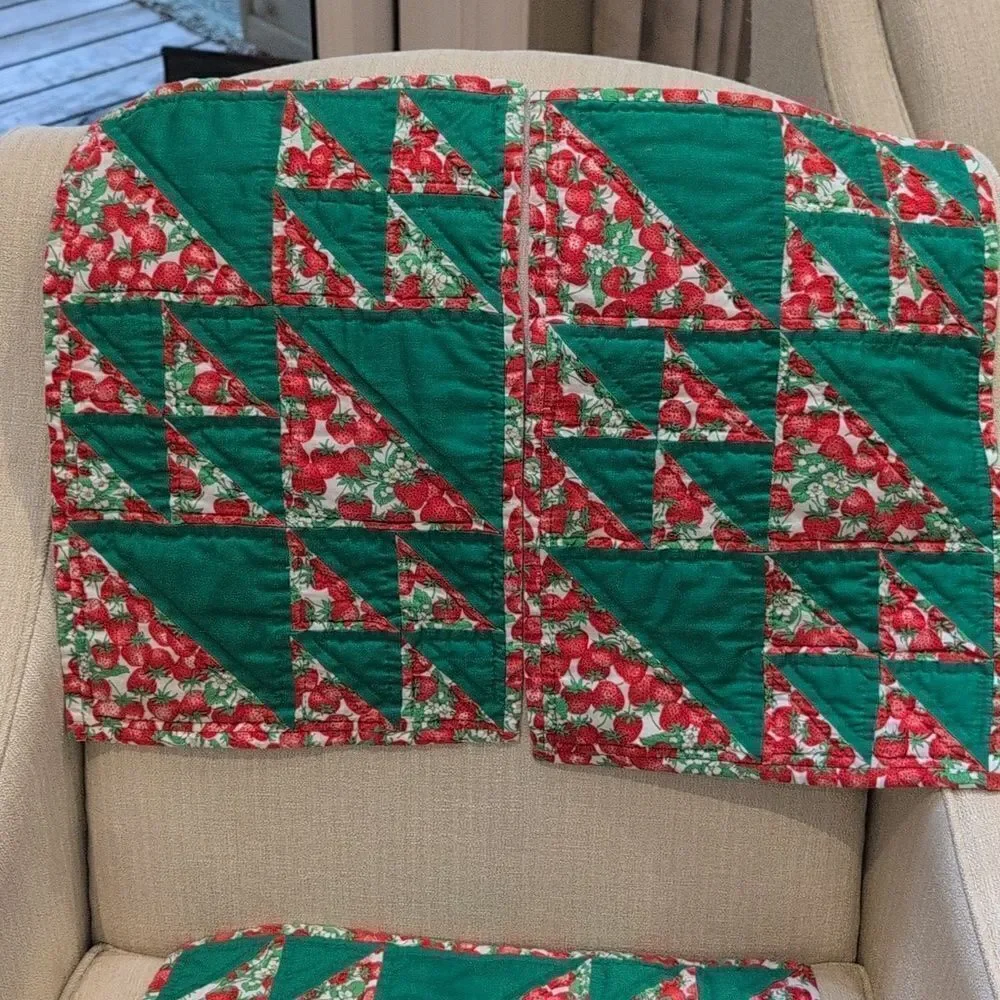 Vintage Hand Stitched Quilted Strawberry Placemats Set of 4